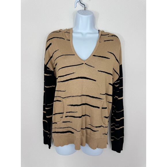 Belle by Belldini Camel Black Striped Hooded Knit Sweater | Size S - Picture 1 of 8